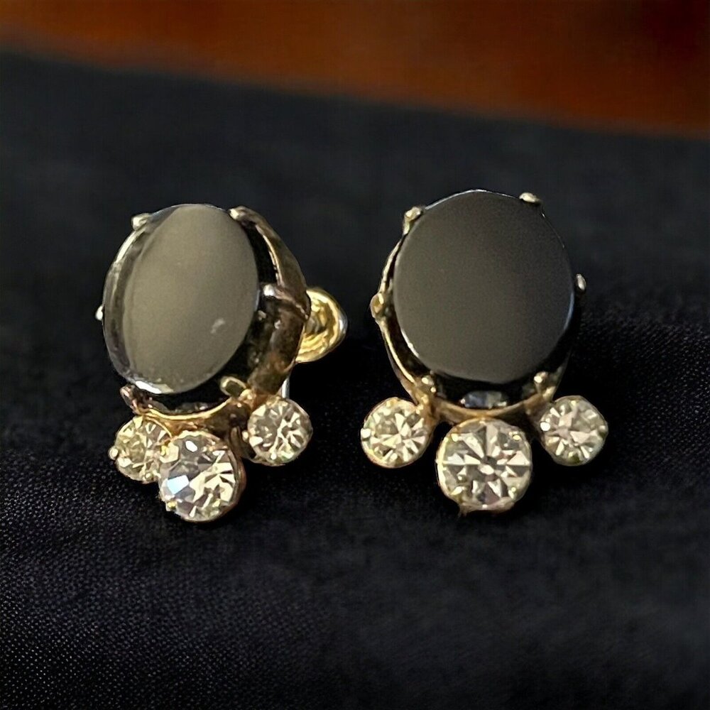 VTG VAN DELL 12K‎ GF Black Lucite Clear Rhinestone Screw Back Earrings Gold Tone